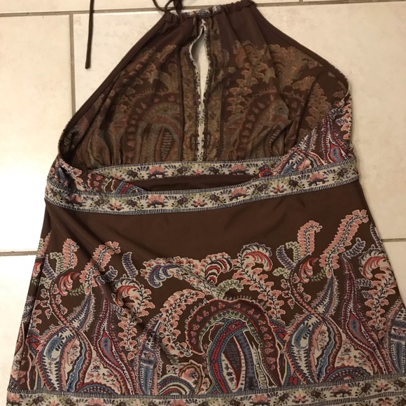 BCBG Vintage Brown Halter Top w/ Key Hole Opening Pretty Paisley Print - Picture 6 of 10
